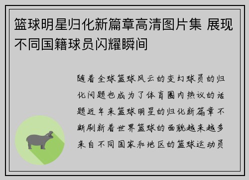 篮球明星归化新篇章高清图片集 展现不同国籍球员闪耀瞬间